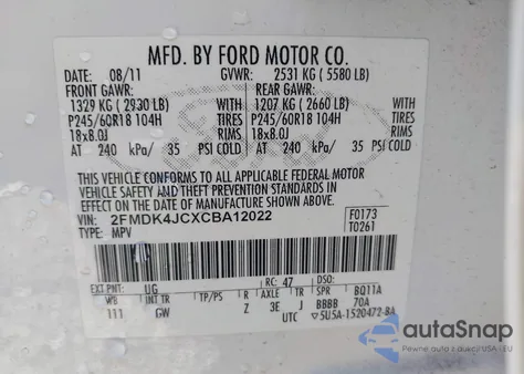 2012 Ford Edge Sel z USA, uszkodzony, nr VIN 2FMDK4JCXCBA12022